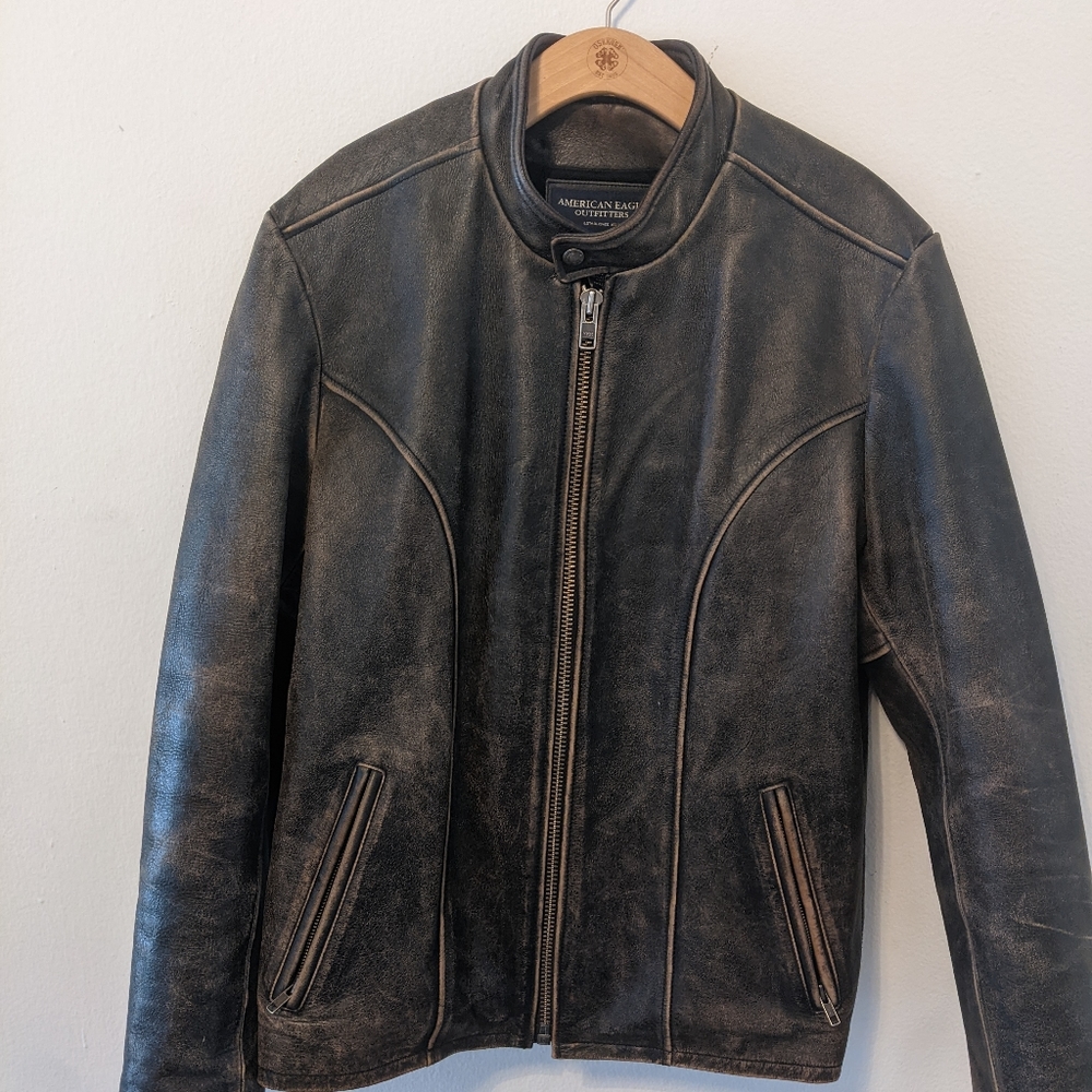 American eagle outfitters, heavy cow hide, destress brown leather cafe racer